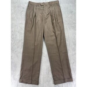 George Dress Pants Mens 32x30 Brown Plaid Hi Twist Super 130's Wrinkle Resistant